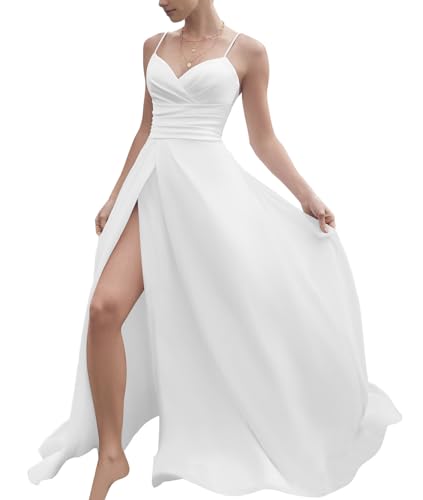 JAEDEN Satin Brautkleider Spaghettiträger A-Linie Standesamtkleid Schlichte Hochzeitskleider Weiß 44 von JAEDEN