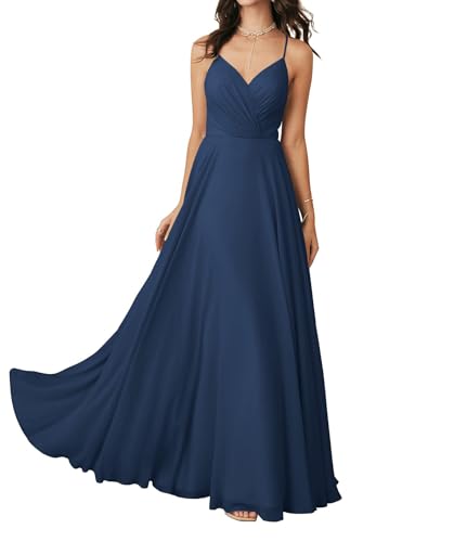 JAEDEN Schlichte Abendkleid Spaghettiträger V-Ausschnitt Brautjungfernkleid Chiffon Festliche Kleid Marineblau 32 von JAEDEN