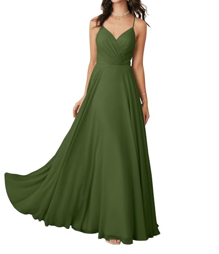 JAEDEN Schlichte Abendkleid Spaghettiträger V-Ausschnitt Brautjungfernkleid Chiffon Festliche Kleid Oliv 34 von JAEDEN