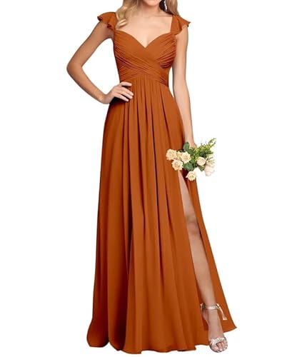 JAEDEN Schlichte Brautjungfernkleid Damen Chiffon Abendkleider Lang Elegant Maxikleid Falte Festliches Kleid Gebranntes Orange 42 von JAEDEN