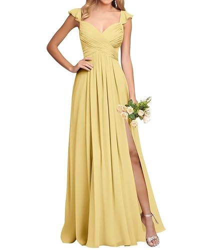 JAEDEN Schlichte Brautjungfernkleid Damen Chiffon Abendkleider Lang Elegant Maxikleid Falte Festliches Kleid Gelb 38 von JAEDEN