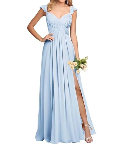 JAEDEN Schlichte Brautjungfernkleid Damen Chiffon Abendkleider Lang Elegant Maxikleid Falte Festliches Kleid Hellblau 36 von JAEDEN