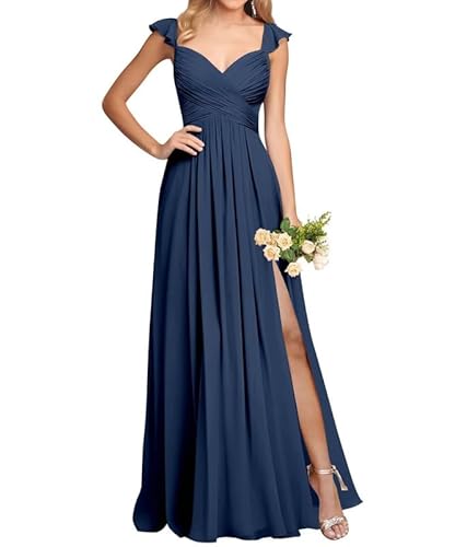 JAEDEN Schlichte Brautjungfernkleid Damen Chiffon Abendkleider Lang Elegant Maxikleid Falte Festliches Kleid Marineblau 32 von JAEDEN