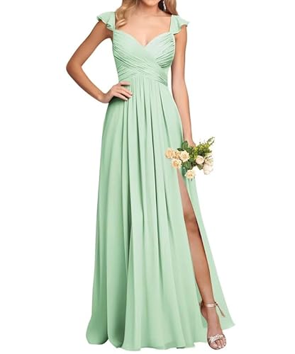 JAEDEN Schlichte Brautjungfernkleid Damen Chiffon Abendkleider Lang Elegant Maxikleid Falte Festliches Kleid Minze 44 von JAEDEN
