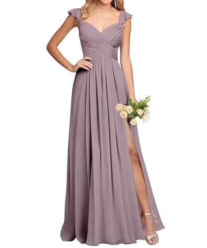 JAEDEN Schlichte Brautjungfernkleid Damen Chiffon Abendkleider Lang Elegant Maxikleid Falte Festliches Kleid Partykleid Wisteria 38 von JAEDEN