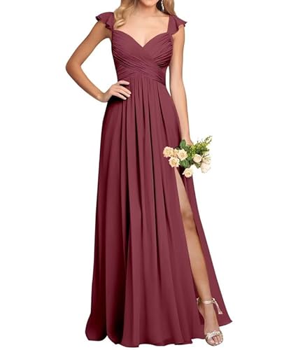 JAEDEN Schlichte Brautjungfernkleid Damen Chiffon Abendkleider Lang Elegant Maxikleid Falte Festliches Kleid Partykleid Wüstenrose 38 von JAEDEN