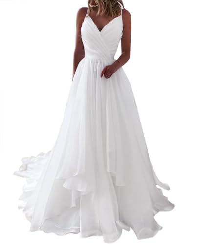 JAEDEN Schlichte Brautkleider Chiffon Lang Standesamtkleider A-Linie Spaghettiträger Hochzeitskleider Weiß 46 von JAEDEN