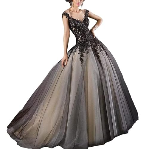 JAEDEN Schwarze Brautkleider Tüll Hochzeitskleider Spitzenapplikation Ballkleider Gothic Vampir-Brautkleid Schwarz 42 von JAEDEN