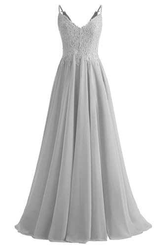 JAEDEN Spaghetti-Träger Abendkleider V-Ausschnitt Brautjungfernkleider Spitze Chiffon Festliche Kleid A-Linie Lang Silber 48 von JAEDEN