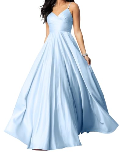 JAEDEN Spaghetti-Träger Ballkleider mit Taschen Satin Abschlusskleid V-Ausschnitt Abendkleider Hellblau 36 von JAEDEN