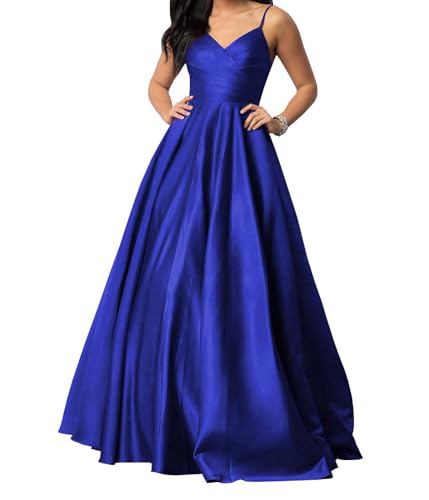 JAEDEN Spaghetti-Träger Ballkleider mit Taschen Satin Abschlusskleid V-Ausschnitt Abendkleider Königsblau 36 von JAEDEN