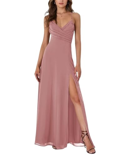 JAEDEN Spaghettiträger Abendkleid Chiffon V Ausschnitt Brautjungfernkleid mit Schlitz A-Linie Altrosa 38 von JAEDEN