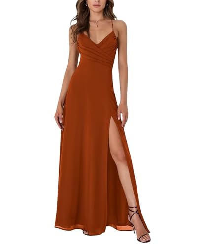 JAEDEN Spaghettiträger Abendkleid Chiffon V Ausschnitt Brautjungfernkleid mit Schlitz A-Linie Gebranntes Orange 38 von JAEDEN