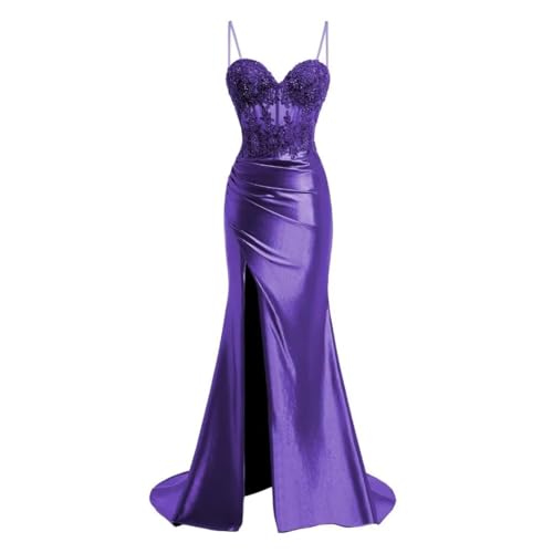 JAEDEN Spaghettiträger Ballkleid Meerjungfrau Satin Brautjungfernkleider Spitzenapplikation Abendkleider Violett 38 von JAEDEN