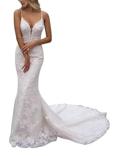 JAEDEN Spaghettiträger Brautkleid Spitze Meerjungfrau Hochzeitskleid mit Schleppe Elegant Standesamt Brautkleider Weiß 32 JAEDEN Spaghettiträger Brautkleid Spitze Meerjungfrau Hochzeitskleid mit Schleppe Elegant Standesamt Brautkleider Weiß 32 von JAEDEN