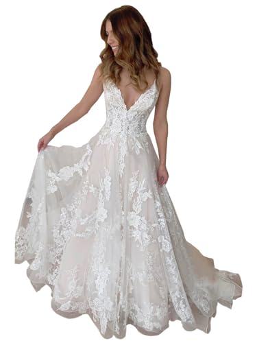 JAEDEN Spaghettiträger Brautkleid mit Spitze A-Linie Hochzeitskleid V-Ausschnitt Standesamtkleid Elfenbein 38 von JAEDEN