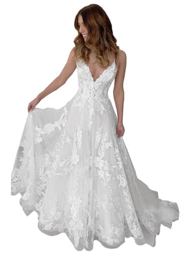 JAEDEN Spaghettiträger Brautkleid mit Spitze A-Linie Hochzeitskleid V-Ausschnitt Standesamtkleid Weiß 48 von JAEDEN