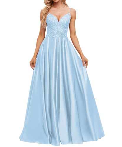 JAEDEN Spaghettiträger V-Ausschnitt Ballkleid Satin Abendkleider A-Linie Abiballkleider Himmelblau 38 von JAEDEN