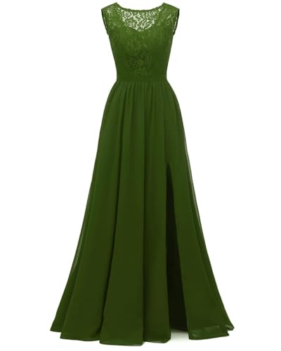 JAEDEN Spitze Abendkleid Rundhals Brautjungfernkleid A-Linie Chiffon Festkleider Ärmellos Olivgrün 44 von JAEDEN