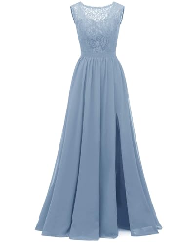 JAEDEN Spitze Abendkleid Rundhals Brautjungfernkleid A-Linie Chiffon Festkleider Ärmellos Staubiges Blau 40 von JAEDEN