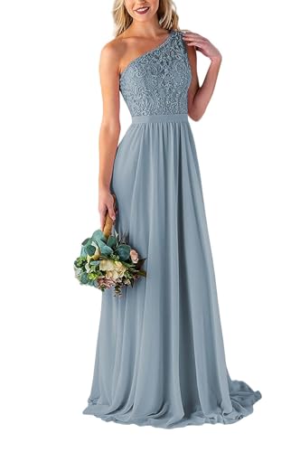 JAEDEN Spitze Brautjungfernkleider Damen EIN Schulter Abendkleider für Hochzeit A-Linie Formelle Festkleider Staubiges Blau 42 von JAEDEN