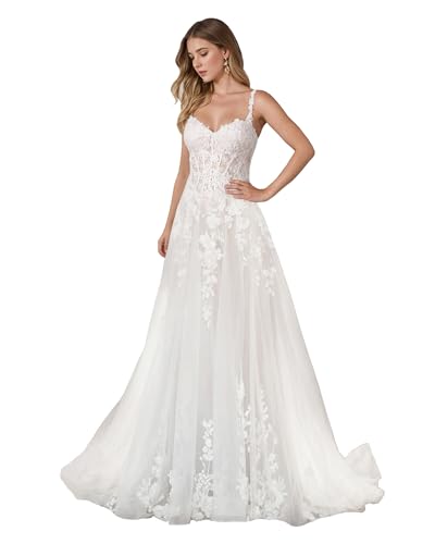 JAEDEN Spitze Brautkleider Damen Tüll Hochzeitskleider A-Linie Braut Standesamtkleider Herzausschnitt Weiß 38 von JAEDEN