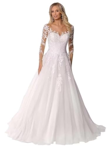 JAEDEN Spitze Brautkleider Prinzessin A-Linie Standesamtkleid Braut Kleider mit Ärmel Weiß 48 von JAEDEN