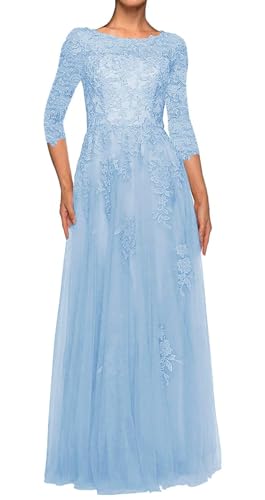 JAEDEN Spitze Brautmutterkleider Tüll Abendkleider Elegant für Hochzeit Langarm Hochzeit Gast Kleider Hellblau 34 von JAEDEN