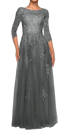 JAEDEN Spitze Brautmutterkleider Tüll Abendkleider Elegant für Hochzeit Langarm Hochzeit Gast Kleider Stahlgrau 54 von JAEDEN