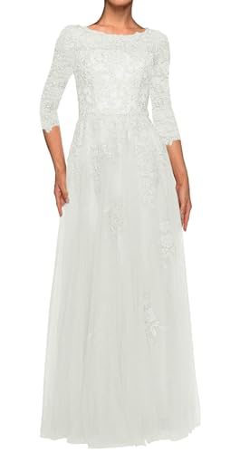 JAEDEN Spitze Brautmutterkleider Tüll Abendkleider Elegant für Hochzeit Langarm Hochzeit Gast Kleider Weiß 38 von JAEDEN