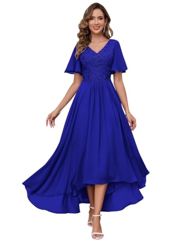 JAEDEN Spitze Brautmutterkleider V-Ausschnitt Abendkleider für Hochzeit Elegant Chiffon Festliche Kleider mit Kurzarm Königsblau 48 von JAEDEN