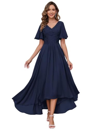 JAEDEN Spitze Brautmutterkleider V-Ausschnitt Abendkleider für Hochzeit Elegant Chiffon Festliche Kleider mit Kurzarm Marineblau 48 von JAEDEN