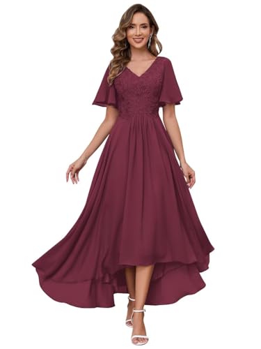 JAEDEN Spitze Brautmutterkleider V-Ausschnitt Abendkleider für Hochzeit Elegant Chiffon Festliche Kleider mit Kurzarm Maulbeere 58 von JAEDEN