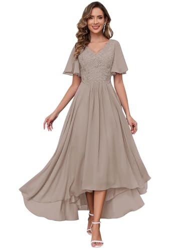 JAEDEN Spitze Brautmutterkleider V-Ausschnitt Abendkleider für Hochzeit Elegant Chiffon Festliche Kleider mit Kurzarm Taupe 38 von JAEDEN