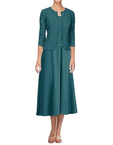 JAEDEN Spitze Brautmutterkleider mit Jacke - Chiffon Hochzeitsgast Kleid Wadenlang Bräutigam Mutter Kleider Pfau 38 von JAEDEN