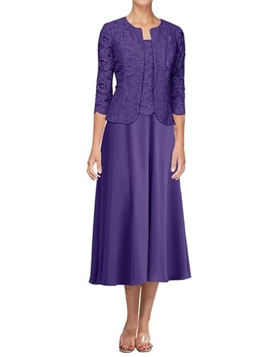 JAEDEN Spitze Brautmutterkleider mit Jacke - Chiffon Hochzeitsgast Kleid Wadenlang Bräutigam Mutter Kleider Regency 44 von JAEDEN