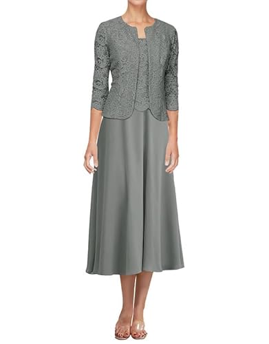 JAEDEN Spitze Brautmutterkleider mit Jacke - Chiffon Hochzeitsgast Kleid Wadenlang Bräutigam Mutter Kleider Stahlgrau 42 von JAEDEN