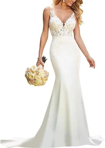 JAEDEN Spitzen Brautkleid Meerjungfrau Hochzeitskleider V-Ausschnitt Standesamt Kleid Rückenfrei Weiß 50 von JAEDEN