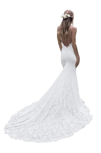 JAEDEN Spitzen Brautkleid Spaghettiträger Meerjungfrau Hochzeitskleid V Ausschnitt Boho Brautkleider mit Schleppe Elfenbein 44 von JAEDEN