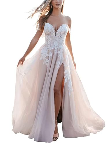 JAEDEN Spitzen Brautkleider Off Shoulder A-Linie Boho Hochzeitskleid Standesamtliche Lang Brautkleid mit Schlitz Champagner 48 von JAEDEN