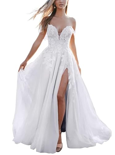 JAEDEN Spitzen Brautkleider Off Shoulder A-Linie Boho Hochzeitskleid Standesamtliche Lang Brautkleid mit Schlitz Weiß 40 JAEDEN Spitzen Brautkleider Off Shoulder A-Linie Boho Hochzeitskleid Standesamtliche Lang Brautkleid mit Schlitz Weiß 40 von JAEDEN