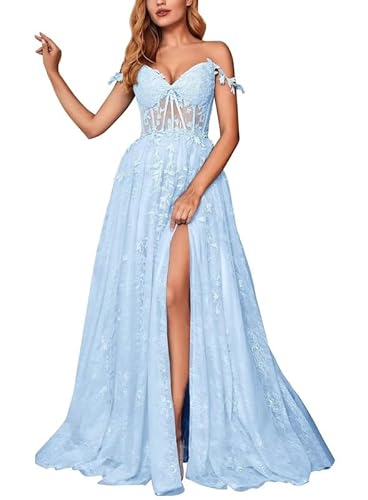 JAEDEN Tüll Ballkleider Lang A-Linie Abendkleid Spitzen Abiballkleid Ärmellose Festliche Partykleid Babyblau 40 von JAEDEN