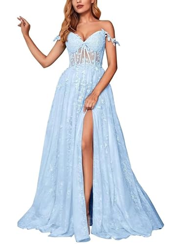 JAEDEN Tüll Ballkleider Lang A-Linie Abendkleid Spitzen Abiballkleid Ärmellose Festliche Partykleid Babyblau 42 von JAEDEN