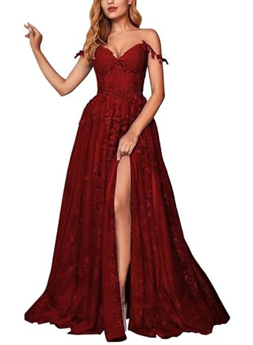 JAEDEN Tüll Ballkleider Lang A-Linie Abendkleid Spitzen Abiballkleid Ärmellose Festliche Partykleid Burgund 48 von JAEDEN