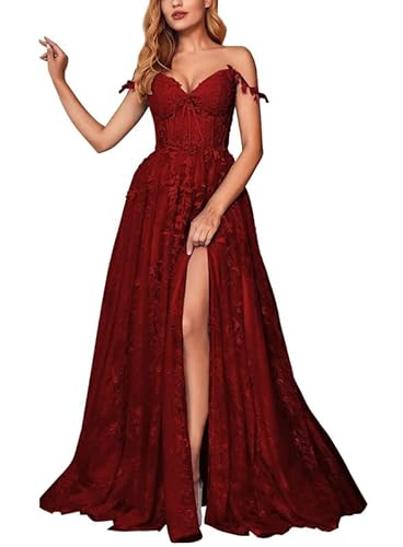 JAEDEN Tüll Ballkleider Lang A-Linie Abendkleid Spitzen Abiballkleid Ärmellose Festliche Partykleid Burgund 52 von JAEDEN