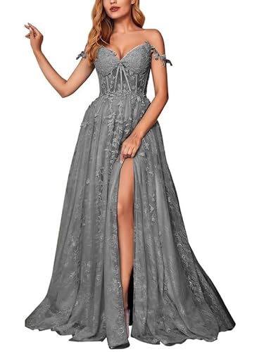 JAEDEN Tüll Ballkleider Lang A-Linie Abendkleid Spitzen Abiballkleid Ärmellose Festliche Partykleid Grau 38 von JAEDEN