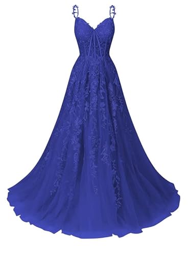 JAEDEN Tüll Ballkleider Lang A-Linie Abendkleid Spitzen Abiballkleid Ärmellose Festliche Partykleid Königsblau 46 von JAEDEN