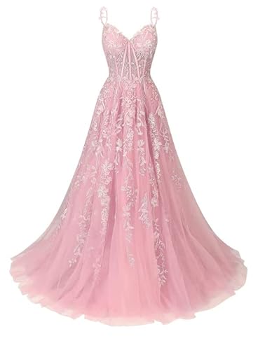 JAEDEN Tüll Ballkleider Lang A-Linie Abendkleid Spitzen Abiballkleid Ärmellose Festliche Partykleid Rosa 36 von JAEDEN