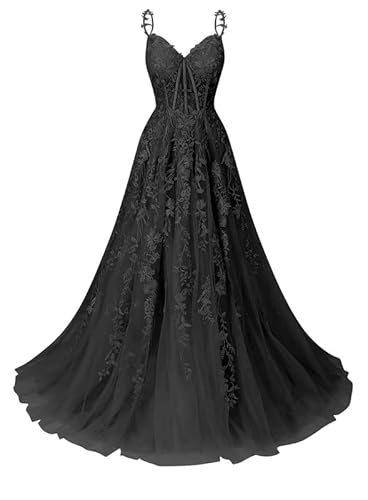 JAEDEN Tüll Ballkleider Lang A-Linie Abendkleid Spitzen Abiballkleid Ärmellose Festliche Partykleid Schwarz 38 von JAEDEN