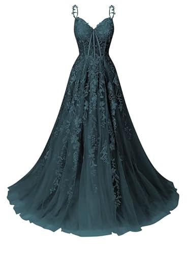 JAEDEN Tüll Ballkleider Lang A-Linie Abendkleid Spitzen Abiballkleid Ärmellose Festliche Partykleid Teal 44 von JAEDEN